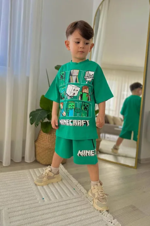 Minecraft Baskılı İkili Takım Yeşil - Erkek Çocuk