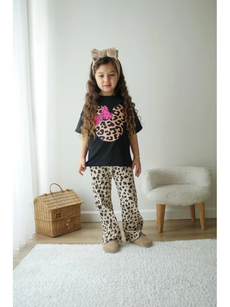Leopar Desenli Fitil Taytlı T-shirt Takım - Kız Çocuk