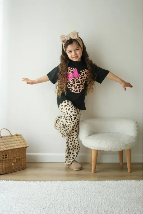Leopar Desenli Fitil Taytlı T-shirt Takım - Kız Çocuk