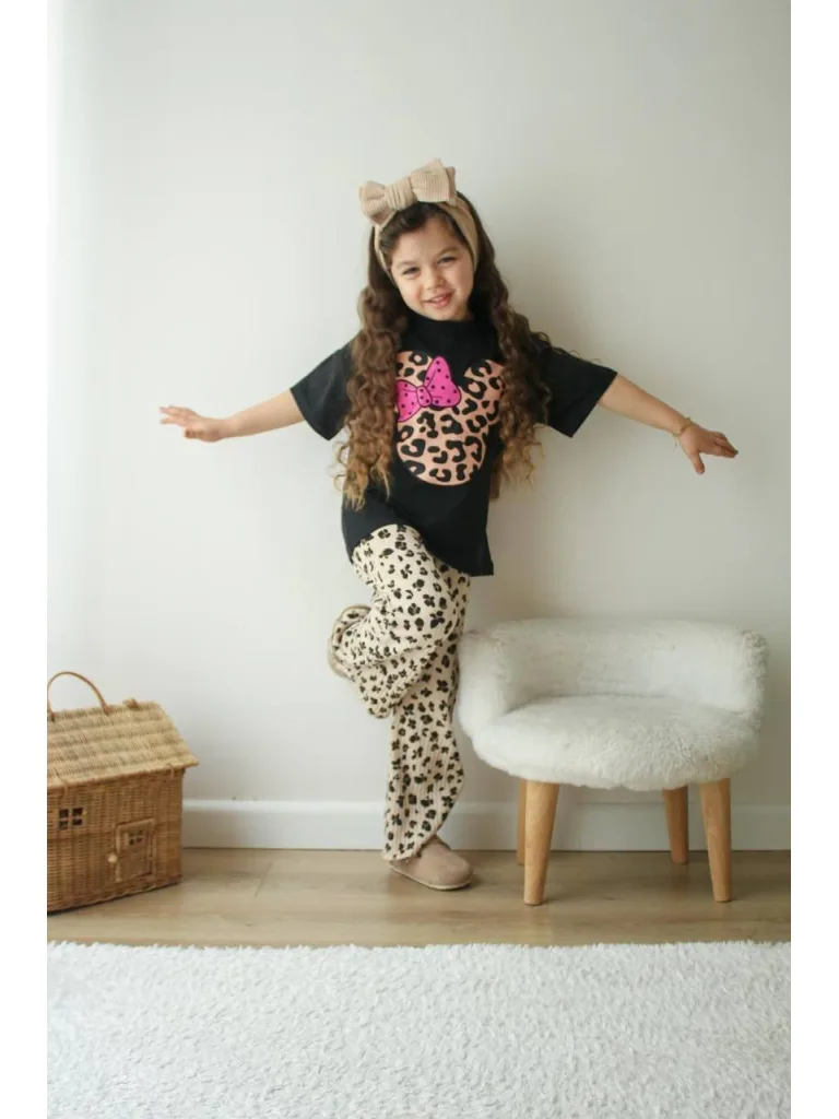Leopar Desenli Fitil Taytlı T-shirt Takım - Kız Çocuk