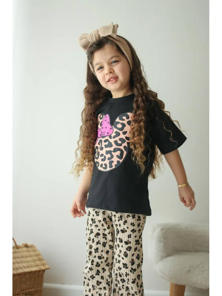 Leopar Desenli Fitil Taytlı T-shirt Takım - Kız Çocuk